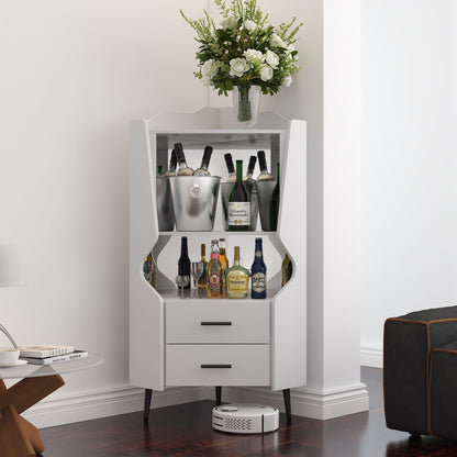 Corner bar cabinet with mirrored back in white wood finish, wine storage on Tampa Home & Garden Store
