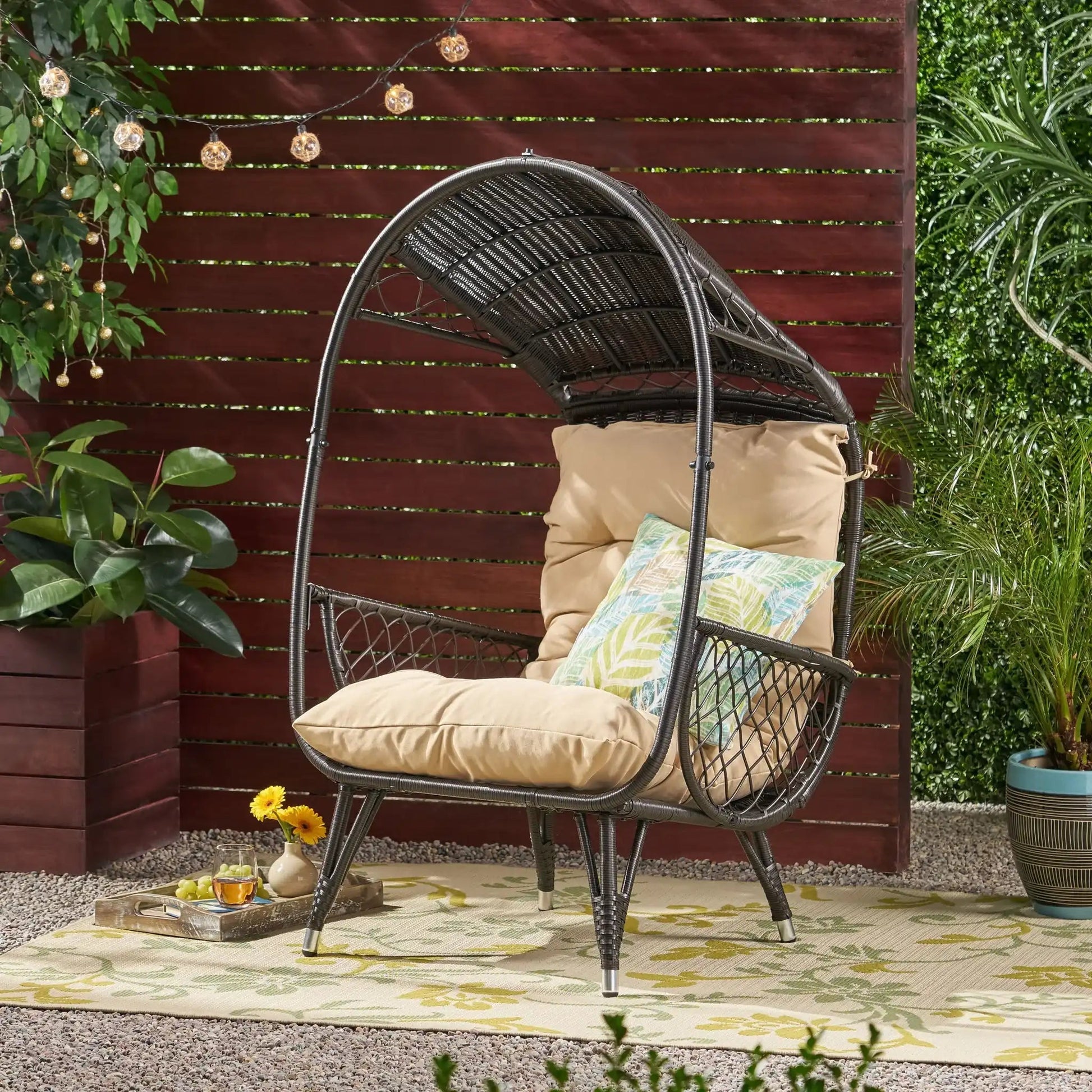 Outdoor wicker standing basket chair with beige cushion, HouseOfZazla club chair on Tampa Home & Garden Store