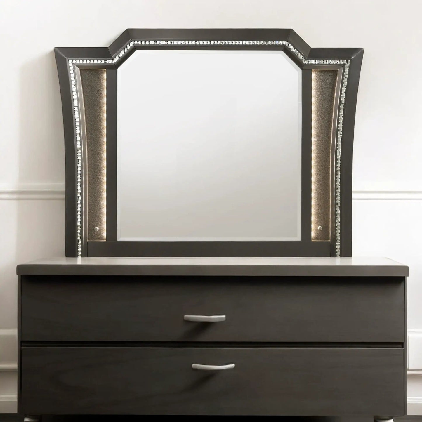 Kaitlyn LED Mirror by Unique Piece Furniture, dark frame with crystal trim and lit panels on Tampa Home & Garden Store