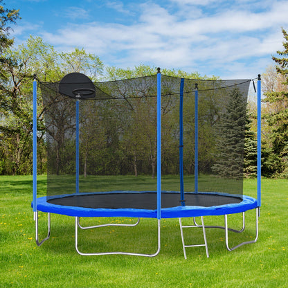 12ft Trampoline with Basketball Hoop and Blue Net