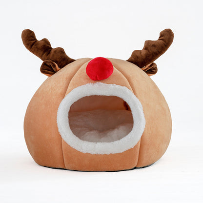 Pet tent Christmas reindeer kennel by Sell My Stuff, plush tan with antlers and red nose on Tampa Home & Garden Store