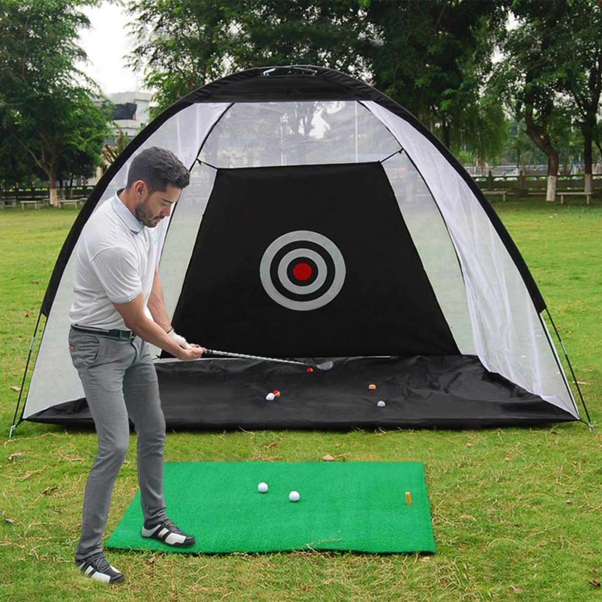 Golf Practice Net Tent with target circle on grass, black interior panel and white mesh on Tampa Home & Garden Store