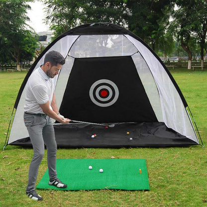 Golf Practice Net Tent with target circle on grass, black interior panel and white mesh on Tampa Home & Garden Store