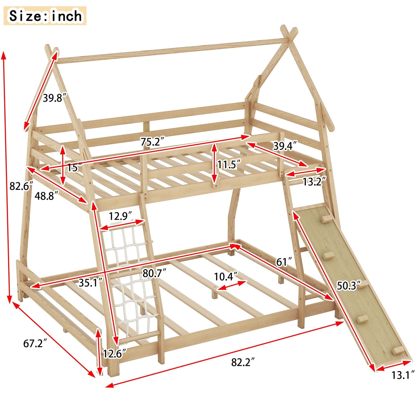 Twin over Queen bunk bed in natural wood by HouseOfZazla with climbing nets and ramp on Tampa Home & Garden Store