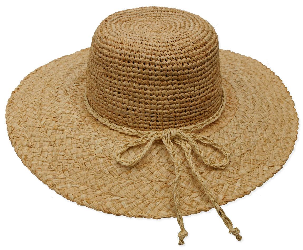 Raffia Sun Hat by Womanswork, wide natural straw brim with braided rope tie on Tampa Home & Garden Store