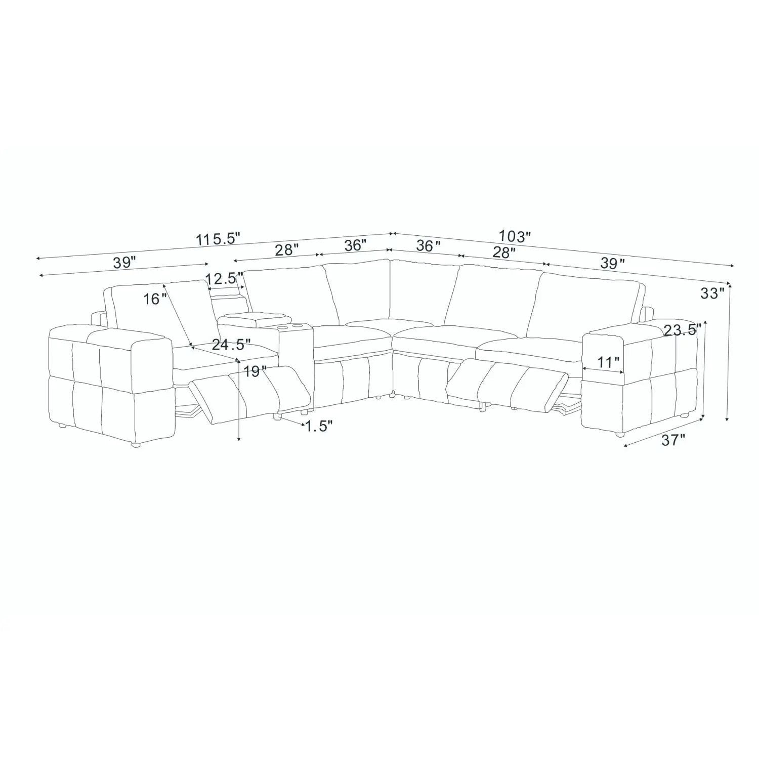Upholstered Arms Sectional With Recliner Seats line diagram dimensions Unique Piece Furniture on Tampa Home & Garden Store