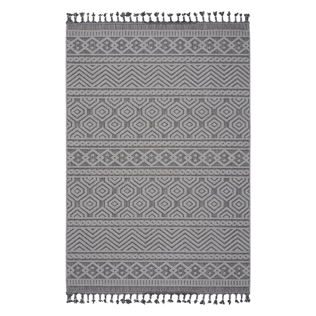 Guros gray and white rug 6.7x9 with diamond pattern tassel fringe on Tampa Home & Garden Store