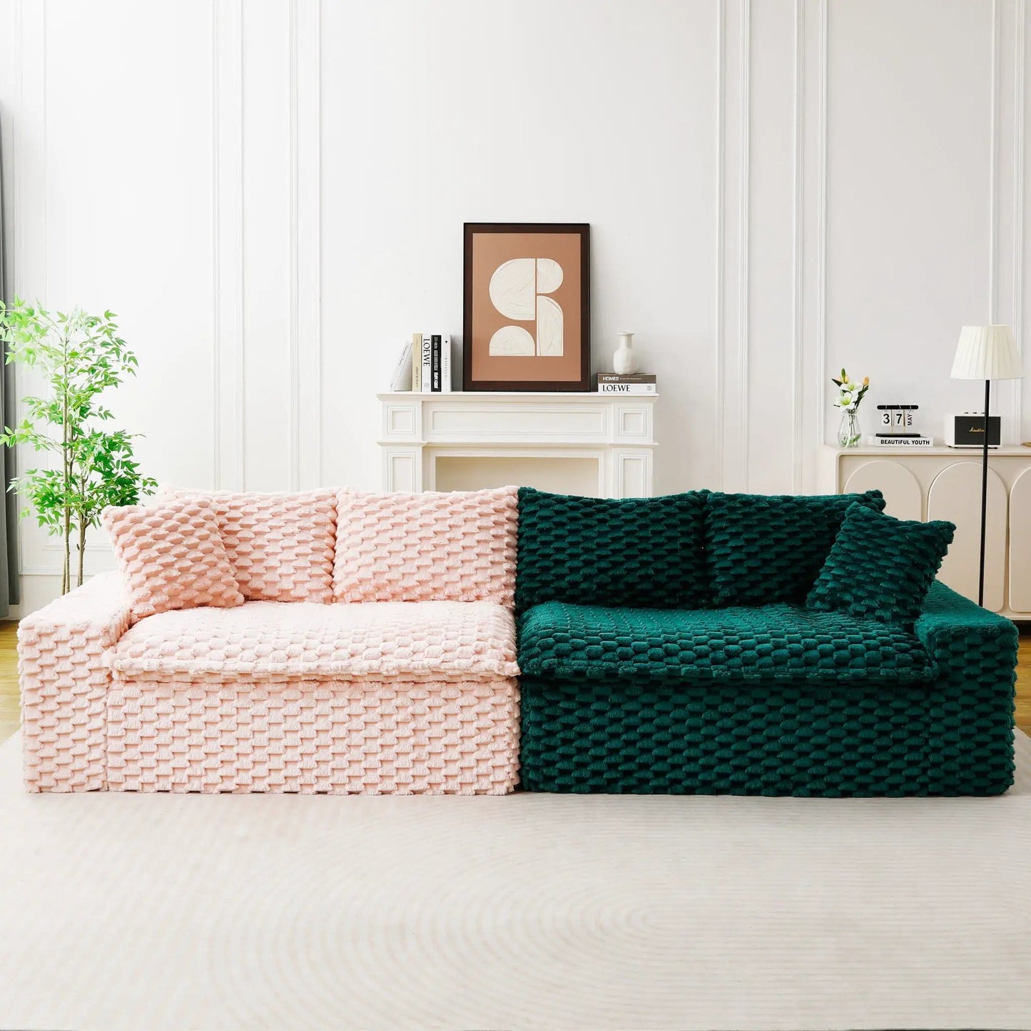 Luxury Multifunctional Sofa with pink and teal chunky knit throws on white wall on Tampa Home & Garden Store