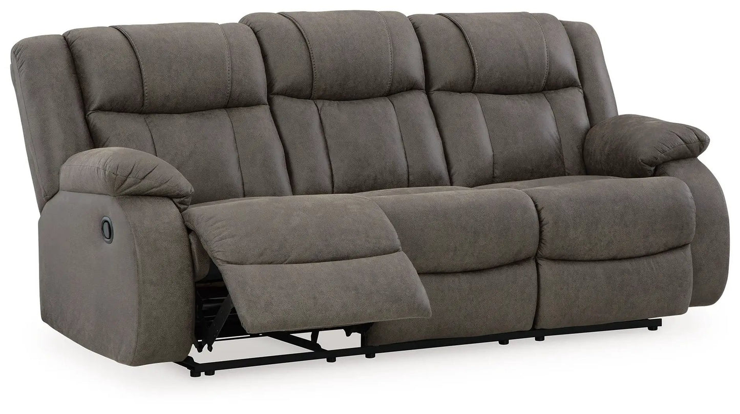 First Base reclining sofa gunmetal gray fabric with plush back cushions and extending footrests on Tampa Home & Garden Store
