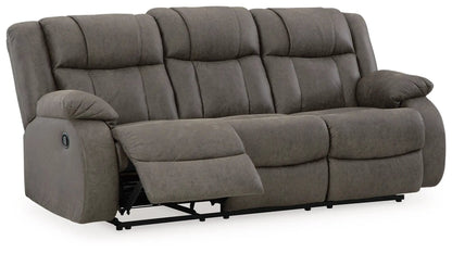 First Base reclining sofa gunmetal gray fabric with plush back cushions and extending footrests on Tampa Home & Garden Store