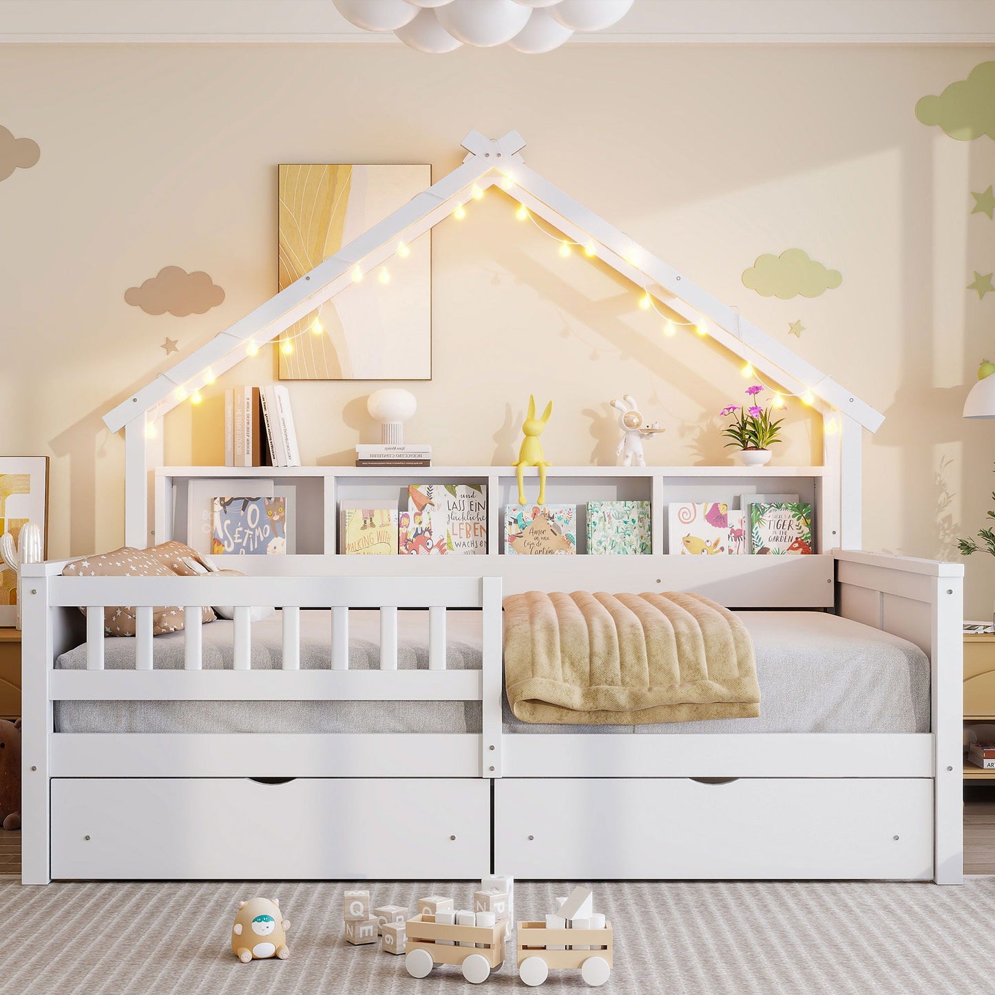 House Style Platform Bed with LED Lights, white frame, built-in storage drawers and shelves on Tampa Home & Garden Store