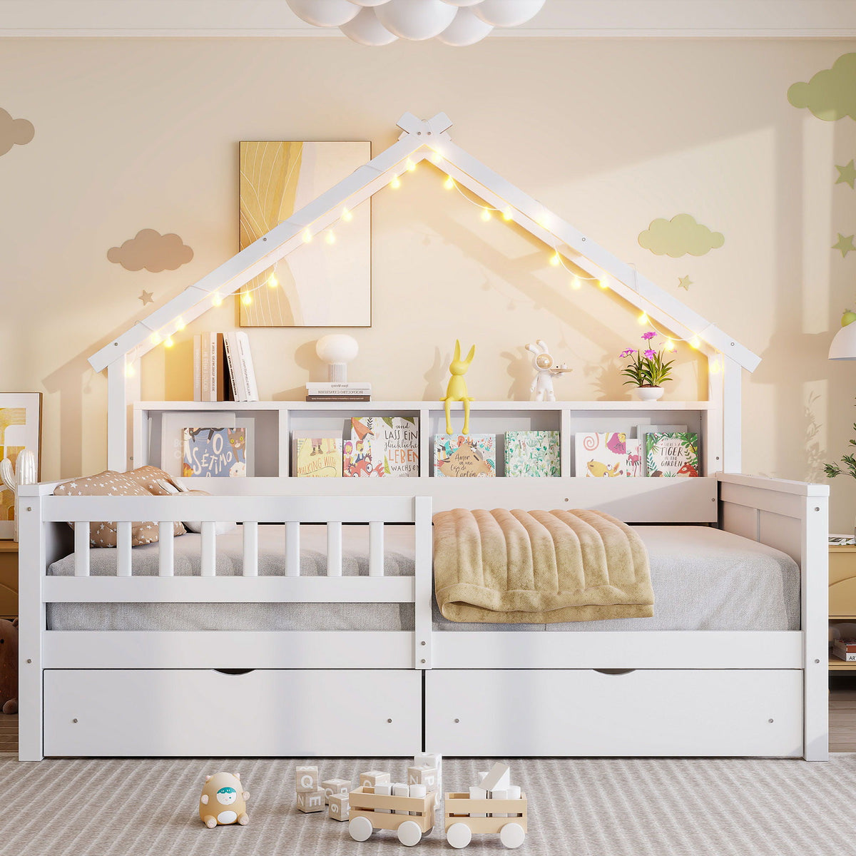 House Style Platform Bed with LED Lights, white frame, built-in storage drawers and shelves on Tampa Home & Garden Store