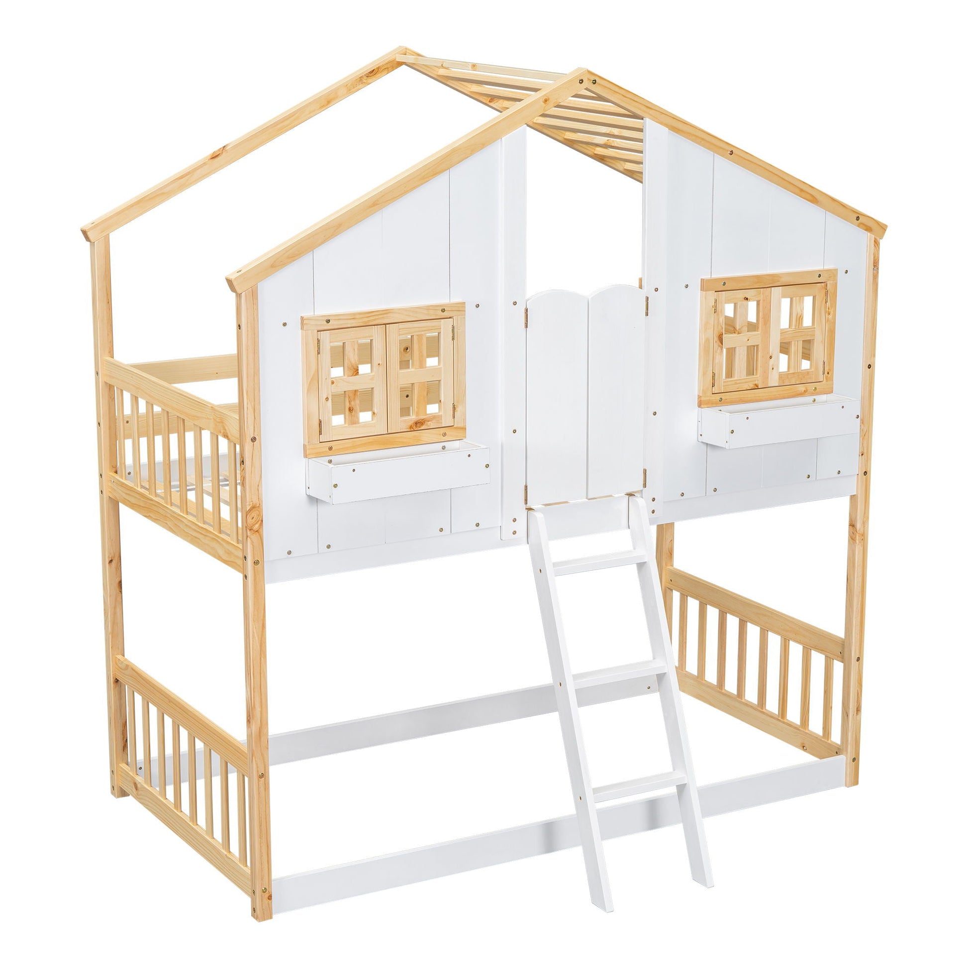 House bunk bed with roof, white walls, natural wood trim, ladder and guard rails with windows on Tampa Home & Garden Store