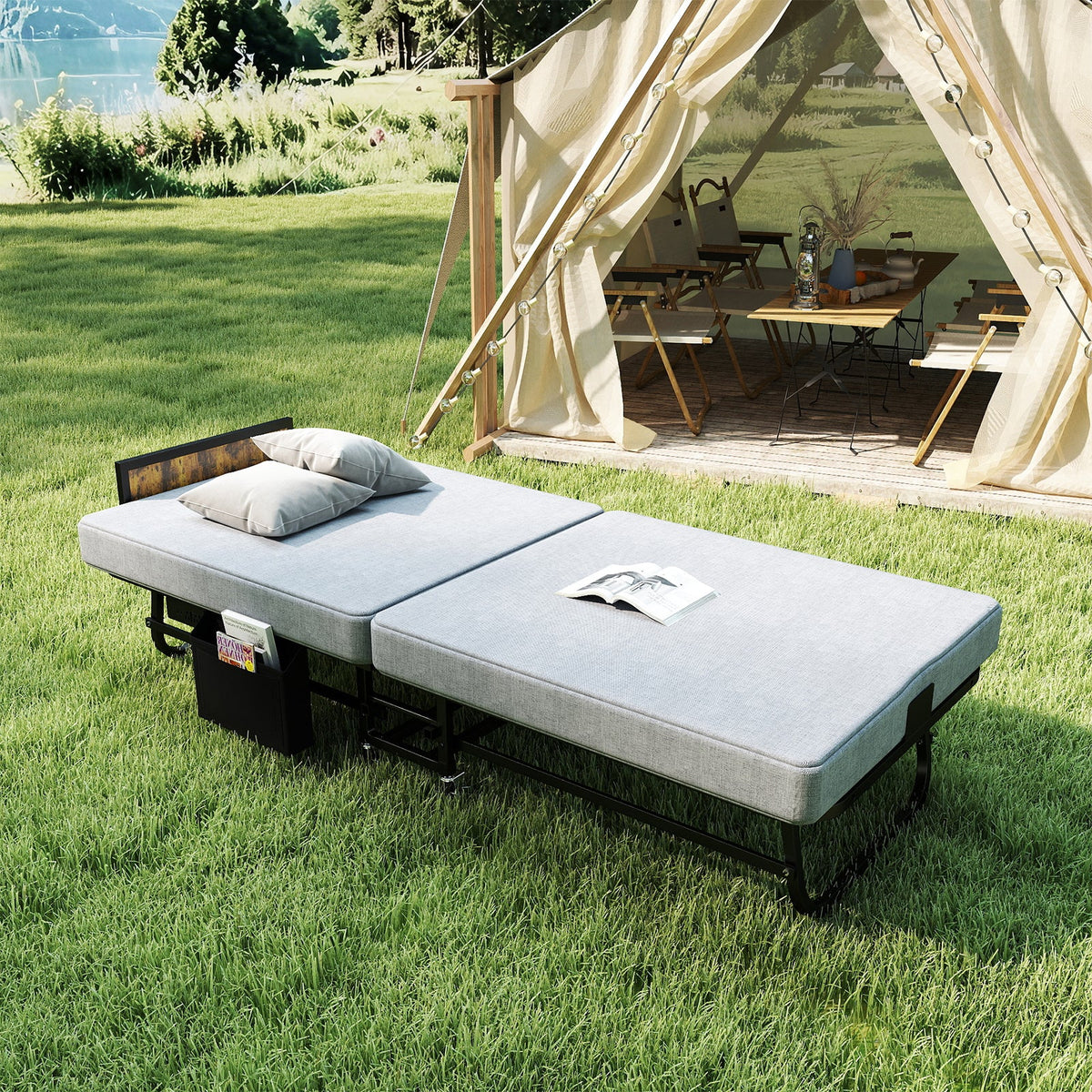 78in Folding Bed with Headboard & USB charging, gray cushions, metal frame, HouseOfZazla on Tampa Home & Garden Store