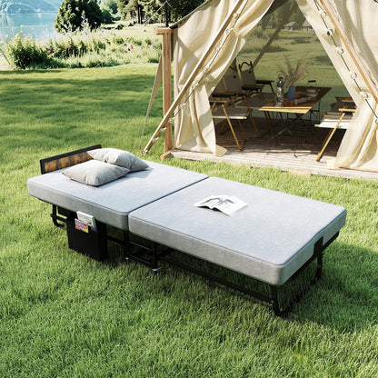 78in Folding Bed with Headboard & USB charging, gray cushions, metal frame, HouseOfZazla on Tampa Home & Garden Store