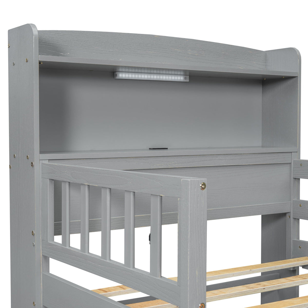 Platform bed in gray wood with LED light bar, guardrail, and 2 drawers by HouseOfZazla on Tampa Home & Garden Store
