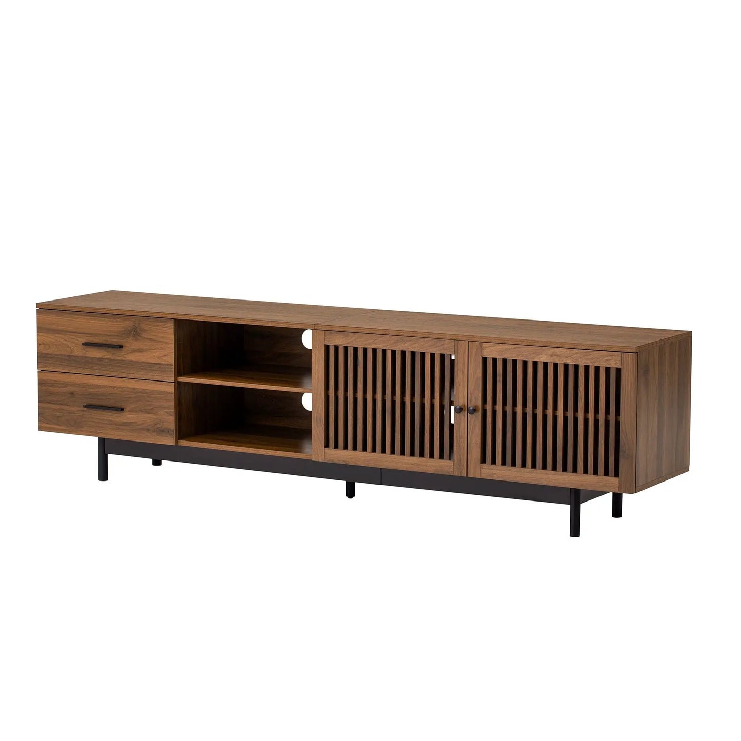 Walnut 78in TV stand with deep drawers, cable management, soft-close hinges on Tampa Home & Garden Store