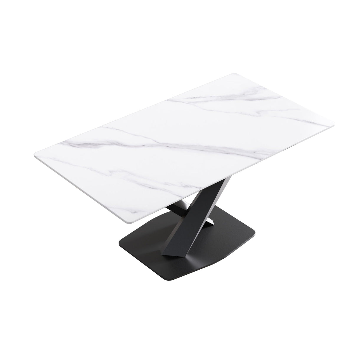 Modern artificial stone dining table by HouseOfZazla with white marble top and black X-leg base on Tampa Home & Garden Store