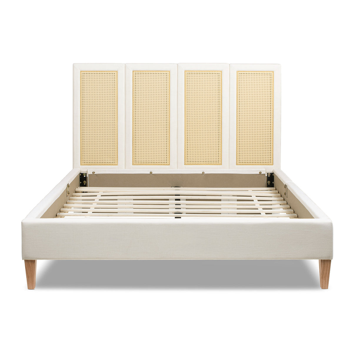 Queen Toscana platform bed with white fabric and cane back panels on Tampa Home & Garden Store