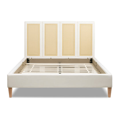 Queen Toscana platform bed with white fabric and cane back panels on Tampa Home & Garden Store