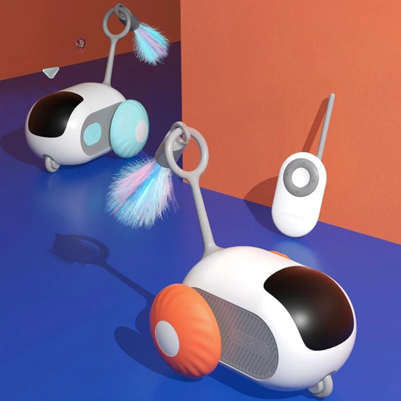 Two white remote control cat cars with orange wheels and fluffy tails, USB charging remote on Tampa Home & Garden Store