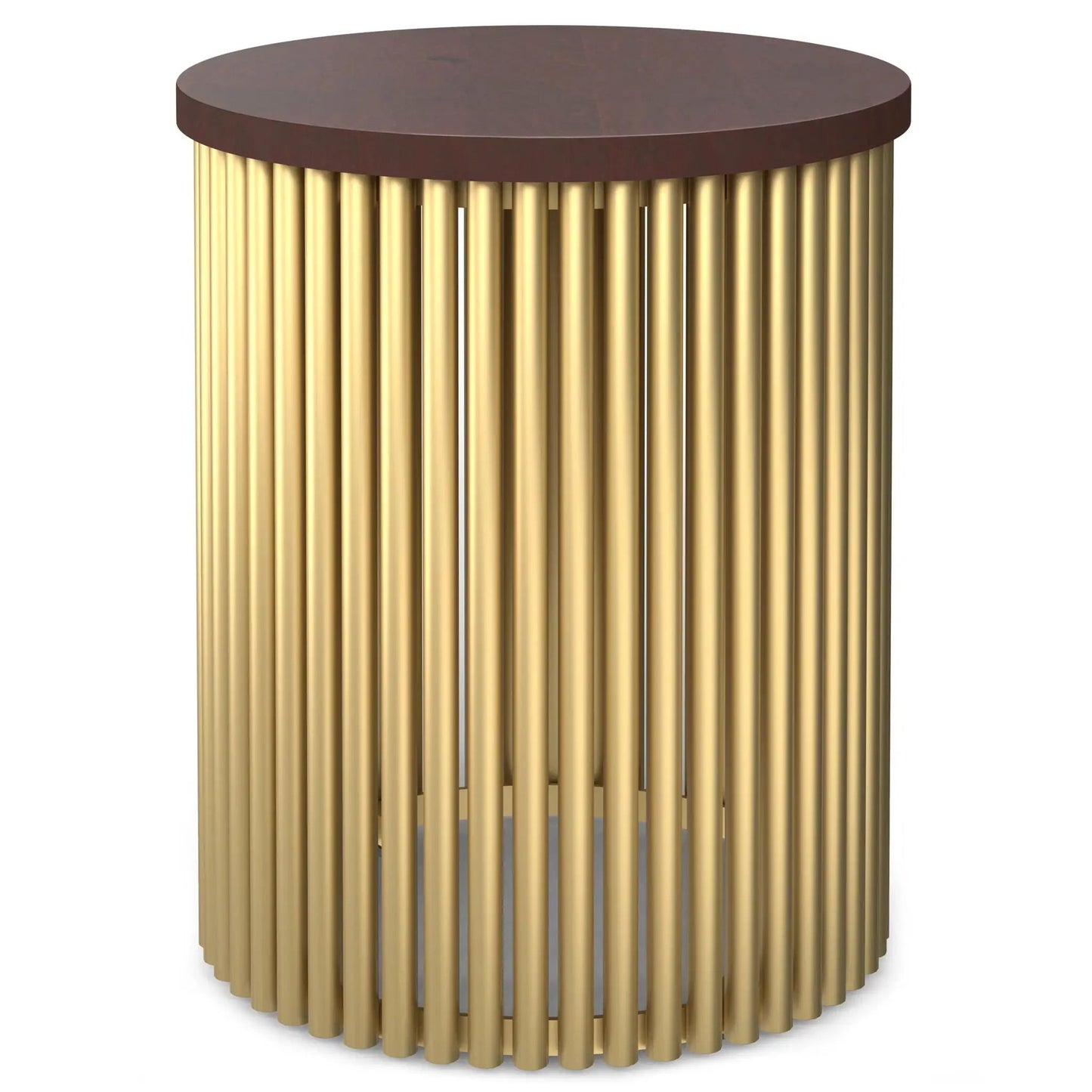 Demy handcrafted metal accent table with dark walnut round top and gold ribbed base on Tampa Home & Garden Store