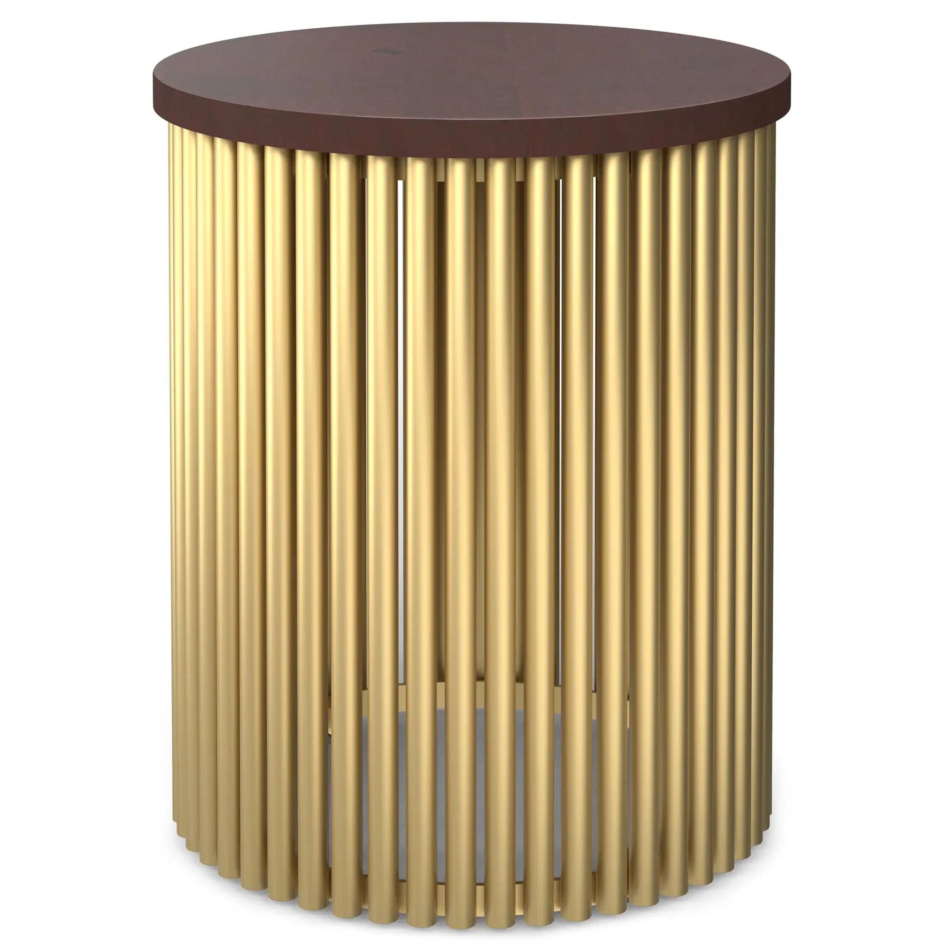 Demy handcrafted metal accent table with dark walnut round top and gold ribbed base on Tampa Home & Garden Store