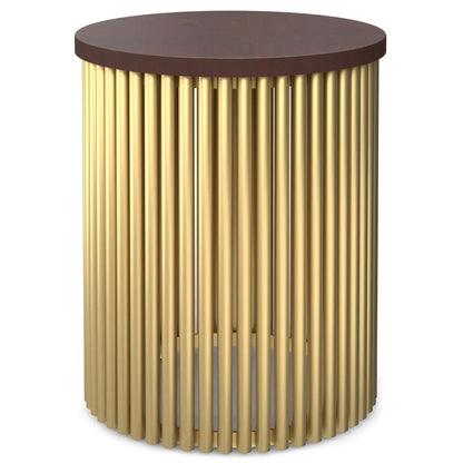 Demy handcrafted metal accent table with dark walnut round top and gold ribbed base on Tampa Home & Garden Store