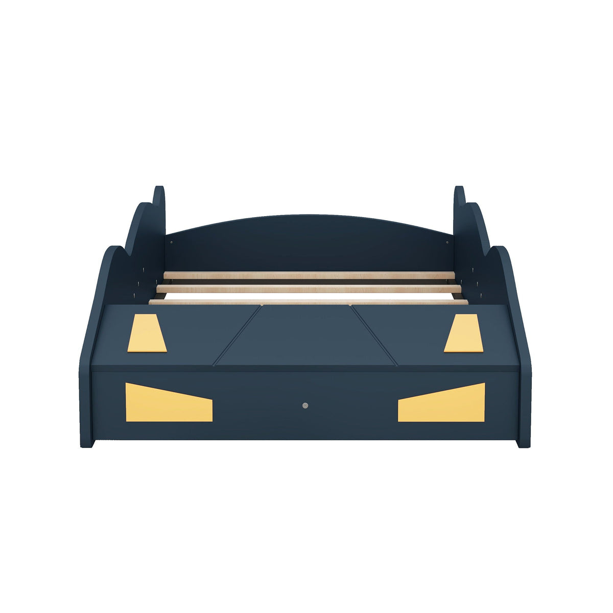Race car shaped platform bed with wheels and storage in dark blue on Tampa Home & Garden Store