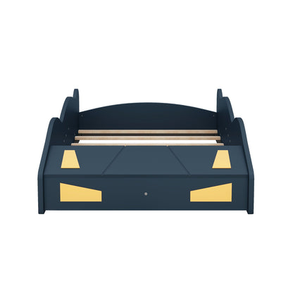 Race car shaped platform bed with wheels and storage in dark blue on Tampa Home & Garden Store