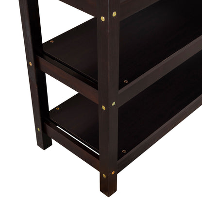 Loft bed with storage shelves and under-bed desk in dark espresso wood, screw joints on Tampa Home & Garden Store