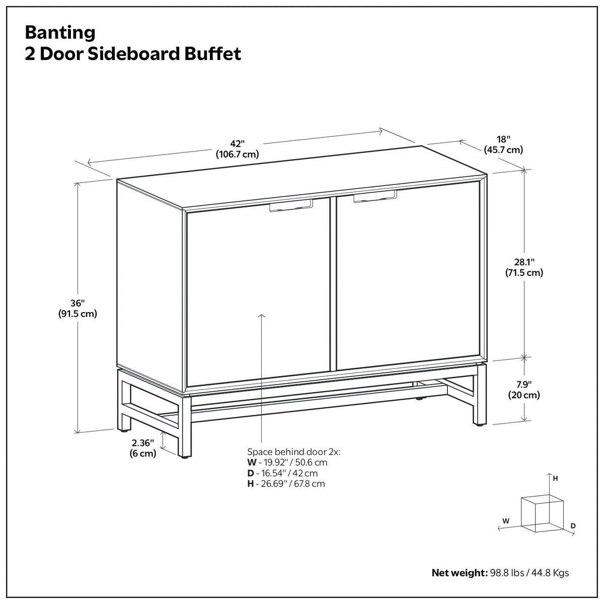 Banting 2-Door Sideboard Buffet in solid rubberwood & metal frame; 42 W x 18 D; HouseOfZazla on Tampa Home & Garden Store
