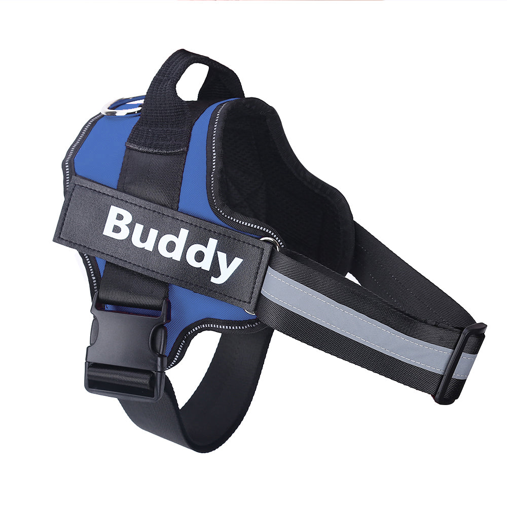 Personalized dog harness no-pull reflective blue black adjustable with Buddy patch Pet Zen on Tampa Home & Garden Store