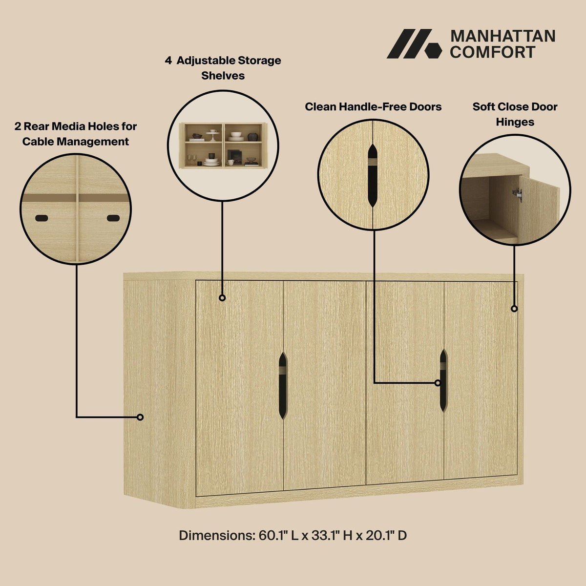 Rivington Sideboard by HouseOfZazla with 4 adjustable shelves and soft close doors on Tampa Home & Garden Store