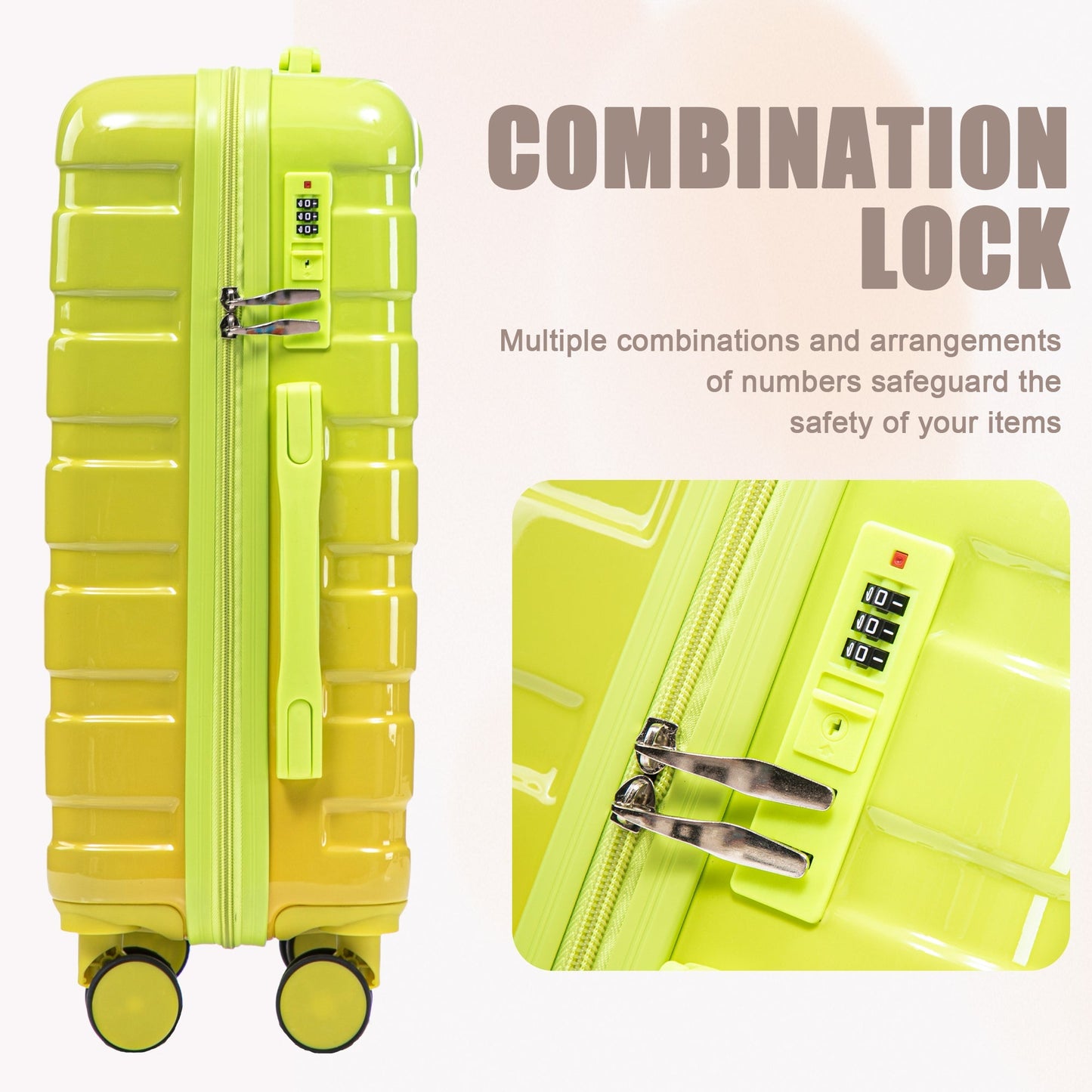 HouseOfZazla 14'/20' 2-Piece Gradient PC Spinner Luggage Set, lime green with combination locks on Tampa Home & Garden Store