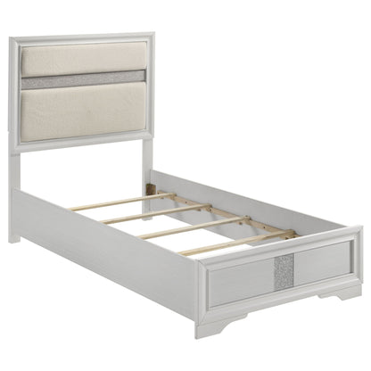 Annie 4-Piece Bedroom Set white bed frame with cream headboard panels and silver stripe on Tampa Home & Garden Store