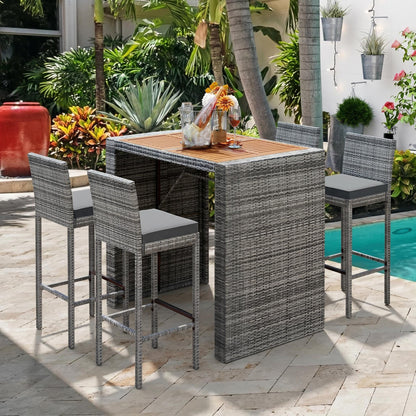 Five Piece Outdoor Patio Wicker Bar Set and Chair