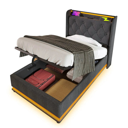 Upholstered storage bed with dark gray tufted headboard, hydraulic lift and 360 LED lighting on Tampa Home & Garden Store