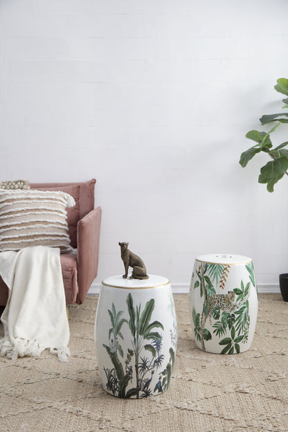 Ceramic jungle stool pair in white with tropical leaves and leopard motif by HouseOfZazla on Tampa Home & Garden Store