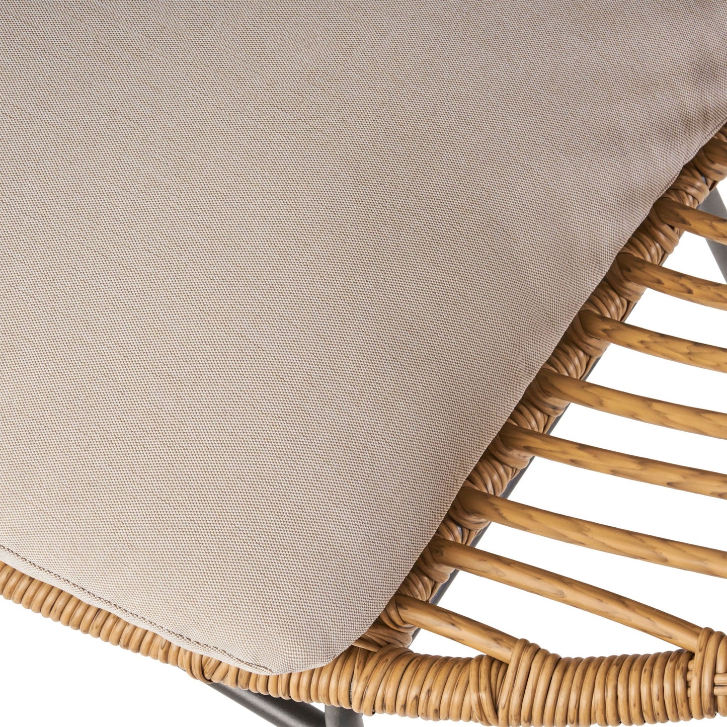 Cordella outdoor woven wicker chairs set of 2 with beige cushions, close-up of wicker arms on Tampa Home & Garden Store