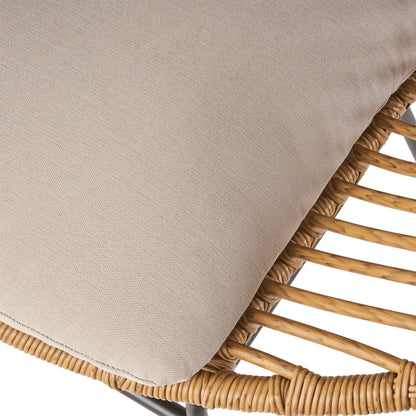 Cordella outdoor woven wicker chairs set of 2 with beige cushions, close-up of wicker arms on Tampa Home & Garden Store
