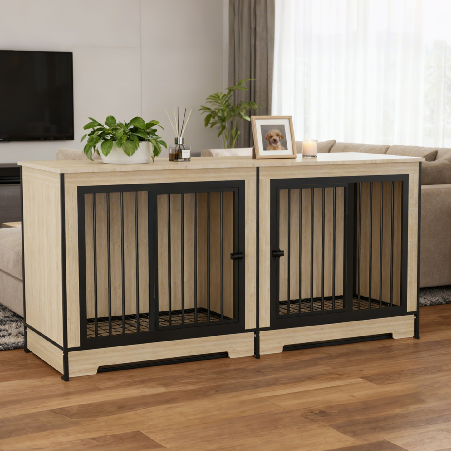 Dog crate furniture with two rooms in light oak and black metal bars by HouseOfZazla on Tampa Home & Garden Store
