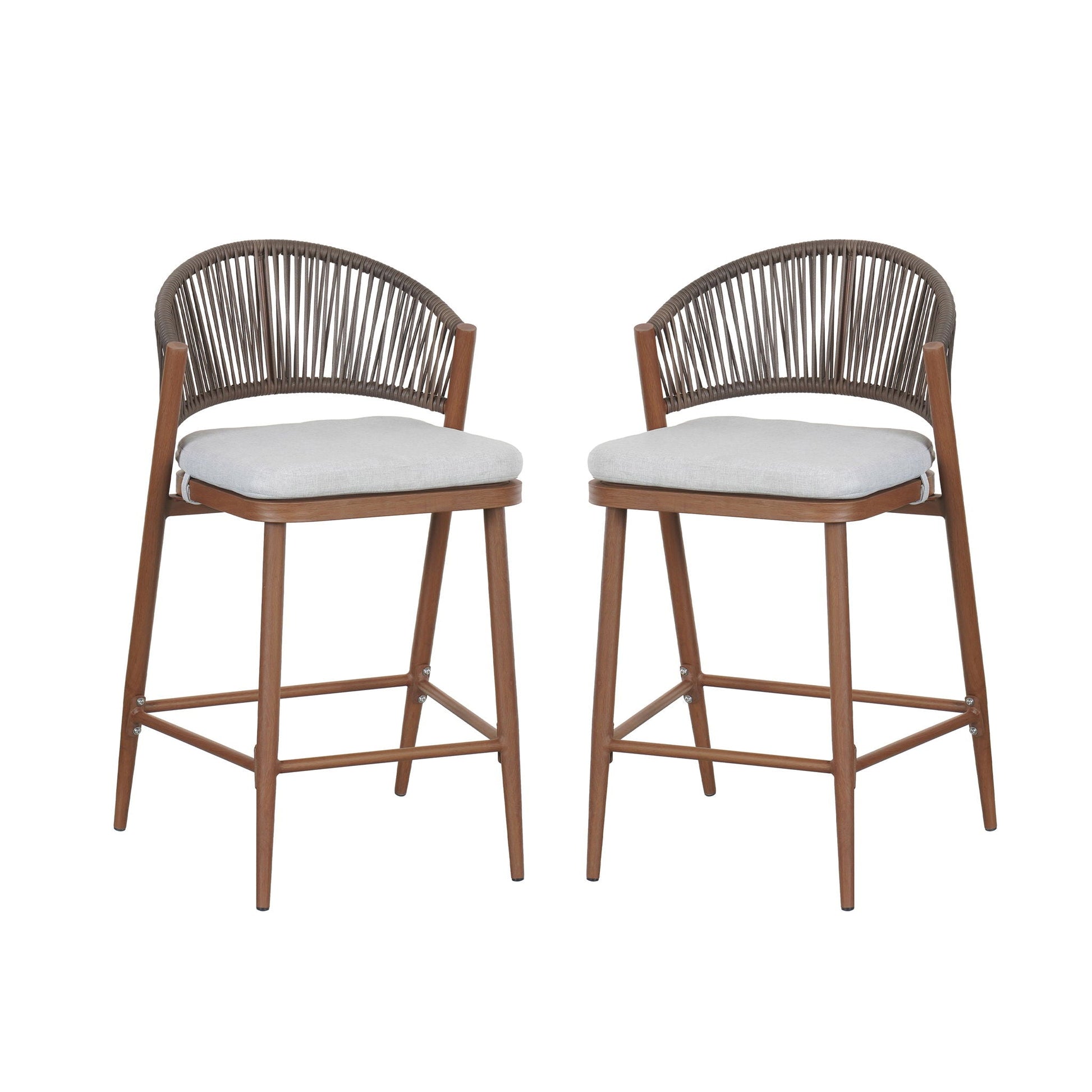 Outdoor 26in counter height stools (2) with scallop backrest, metal frame and gray cushions on Tampa Home & Garden Store