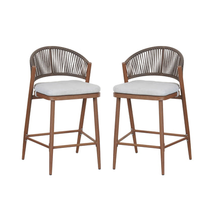 Outdoor 26in counter height stools (2) with scallop backrest, metal frame and gray cushions on Tampa Home & Garden Store