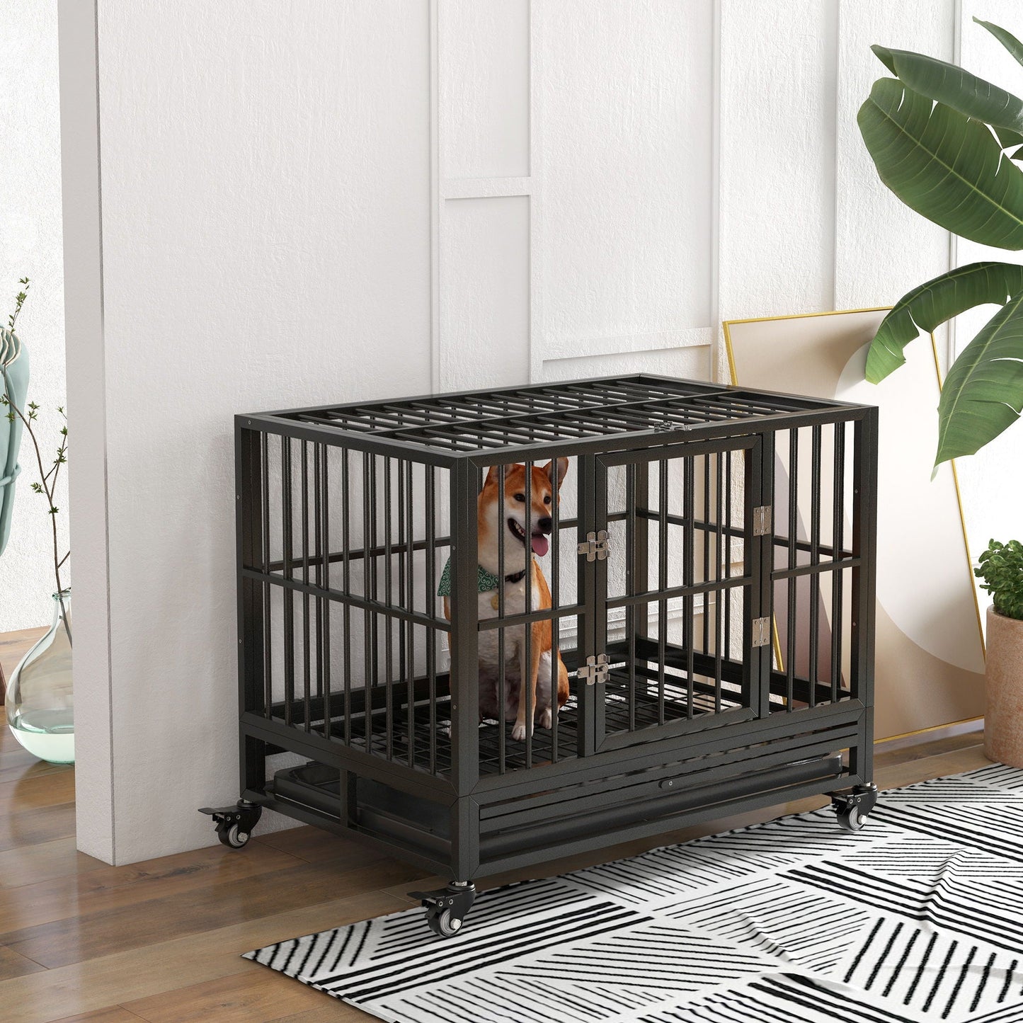 Pawhut 36in metal dog crate with lockable wheels dual doors removable tray gray dog inside on Tampa Home & Garden Store