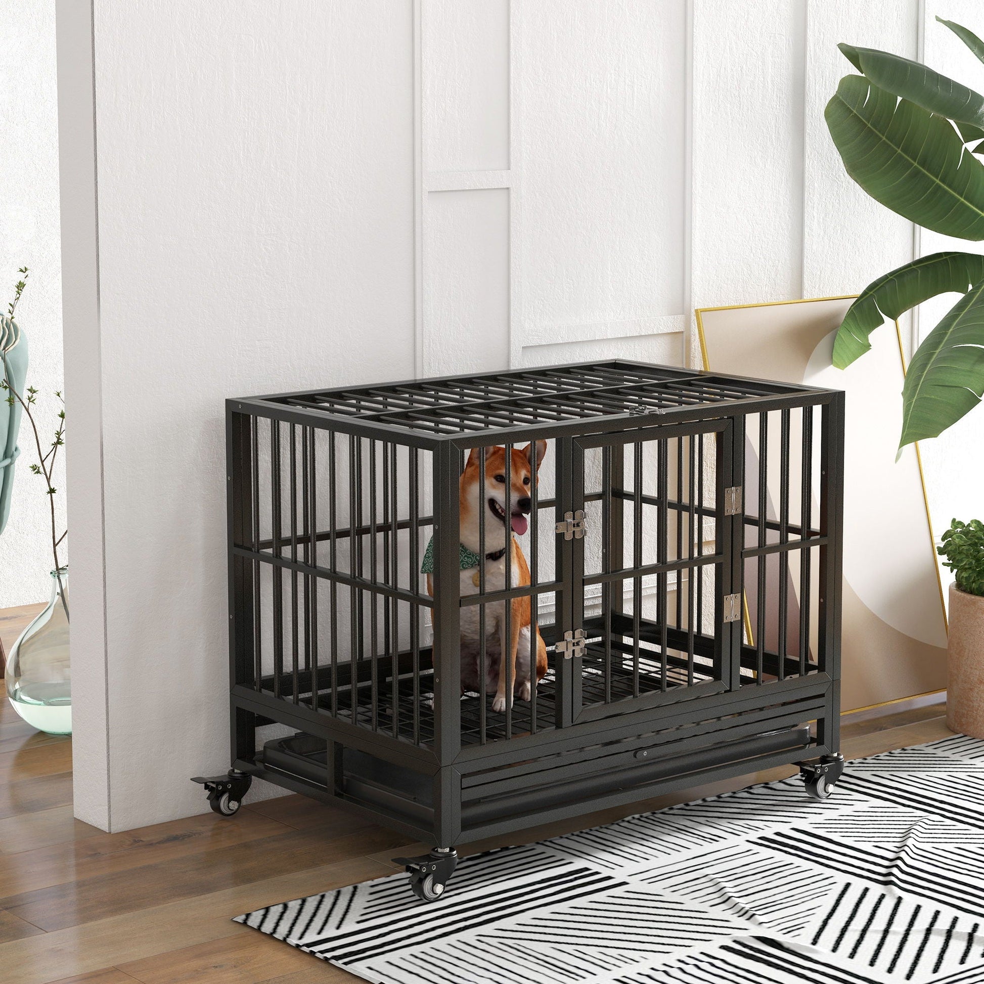Pawhut 36in metal dog crate with lockable wheels dual doors removable tray gray dog inside on Tampa Home & Garden Store