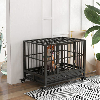 Pawhut 36in metal dog crate with lockable wheels dual doors removable tray gray dog inside on Tampa Home & Garden Store