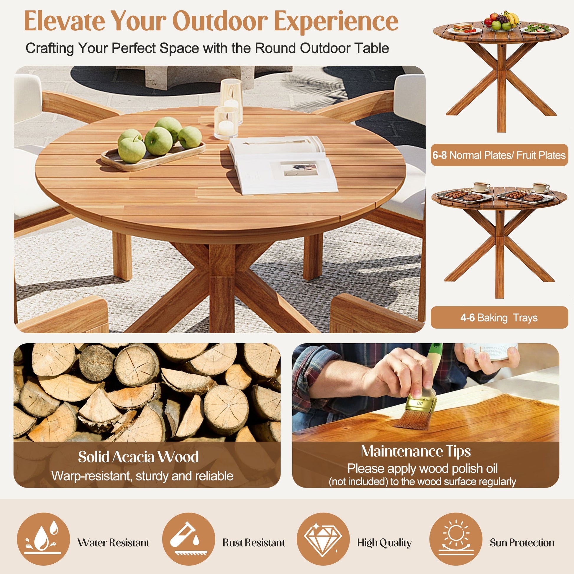 5-Piece Outdoor Acacia Wood Round Dining Set with slatted table and curved-arm chairs on Tampa Home & Garden Store