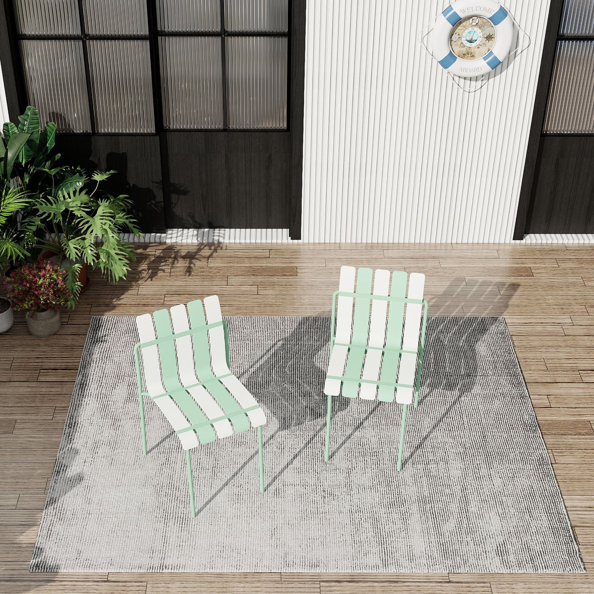 4-piece set of modern color-block kids chairs in mint and white for outdoor use on a wooden deck with a striped rug on Tampa Home & Garden Store