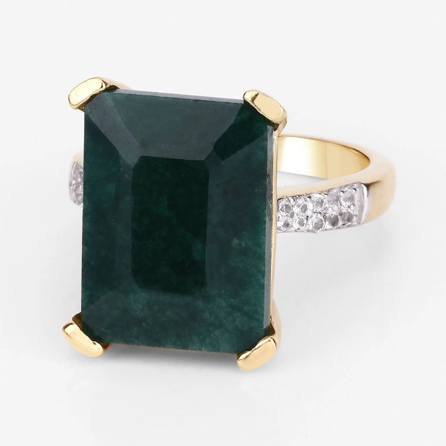 Ring with 7.64 carat dyed emerald centerpiece and white diamond accents on a gold-tone band on Tampa Home & Garden Store